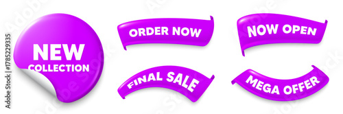 New collection purple sticker, Sale offer ribbons. Final sale, Order now. New collection tag. New fashion arrival sign. Advertising offer symbol. Sticker badge. Flag ribbon banners. Vector