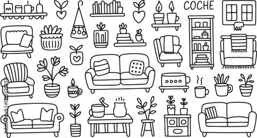 Hand drawn doodle elements of cozy home interior furniture plants and decor vector