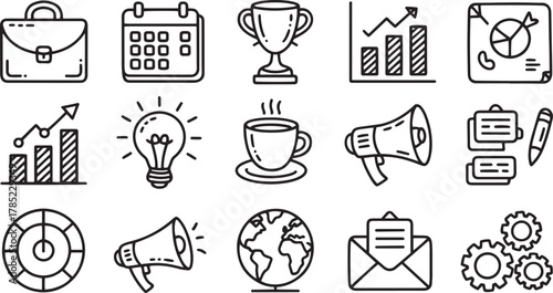Set of hand drawn black and white office and business icons including briefcase calendar trophy charts lightbulb coffee cup megaphone globe and gears