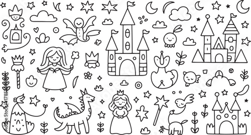 Whimsical black and white doodle collection of fairytale elements including princesses dragons castles clouds moons and stars
