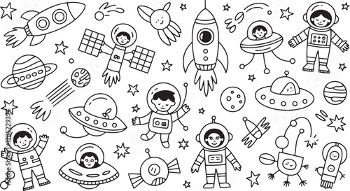 Whimsical doodle sheet of astronauts rockets planets and U F Os in black and white space alien