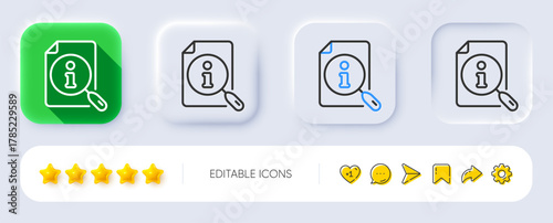 Search info line icon. Neumorphic, Flat shadow, 3d buttons. User manual sign. Information document symbol. Line search icon. Social media icons. Vector