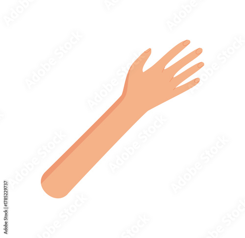 Open raised hand in flat cartoon graphic style. Human arm with extended fingers in colorful symbol form. Gesture and shape represent unity, communication, and connection creative abstract art.