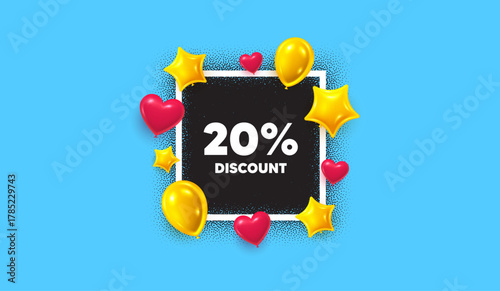 Discount photo frame banner. Square picture frame. 20 percent discount tag. Sale offer price sign. Special offer symbol. 3d balloons as hearts and stars. Vector