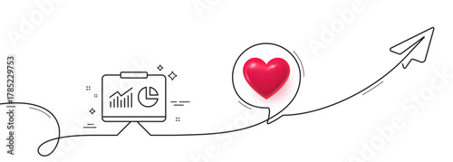 Presentation board line icon. Continuous line with share plane. Report chart or Sales growth sign. Analysis and Statistics data symbol. 3d heart in speech bubble. Vector