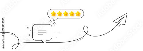 Text message line icon. Continuous line with share plane. Chat comment sign. Speech bubble symbol. Five star rate review in speech bubble. Text message single line ribbon. Loop curve pattern. Vector