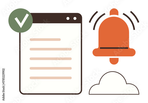 Browser window with checklist, green check mark verifying completion, notification bell, and cloud representing alerts, reminders, productivity, communication, and backup in a simple flat metaphor