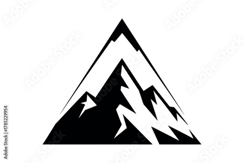 A black and white triangular mountain range design with jagged peaks and snow