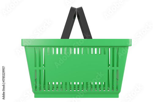 Plastic shopping basket on isolated background. Store empty basket. Supermarket shopping cart. 3d rendering.