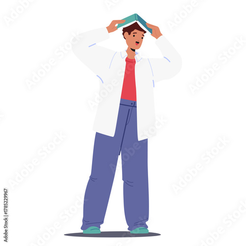 Teenager boy student cartoon character fooling around holding opened book on head isolated on white