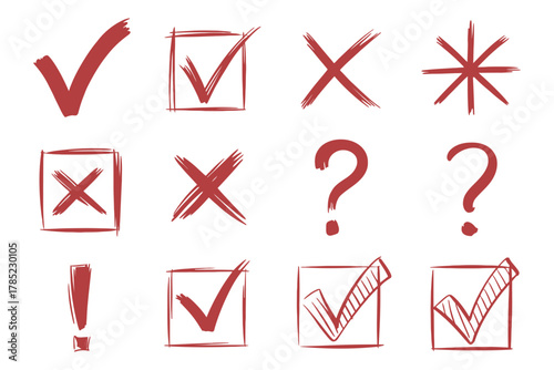 A collection of red check marks crosses question marks and exclamation point