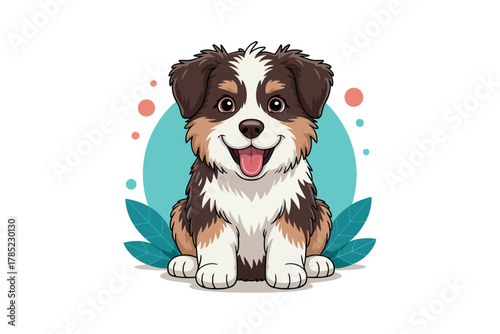 Cartoon illustration of a happy puppy with a teal background and leaves