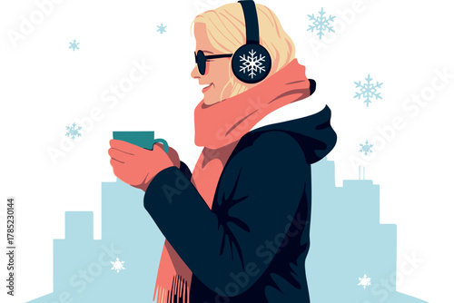 Woman with earmuffs and scarf holding a mug in a snowy city illustration