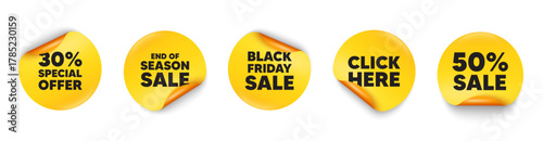 Discount sticker tag. 50 percent discount, Black friday paper price banners. 30 percent discount offer tag. Sale price promo sign. Special offer symbol. Click here sticker. Vector