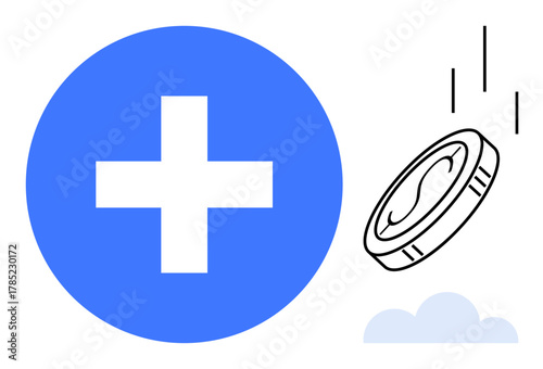 Blue cross next to falling coin above cloud, evoking financial aspects of healthcare. Ideal for medical costs, insurance, savings, investment, aid, medicine economic health. Simple flat metaphor