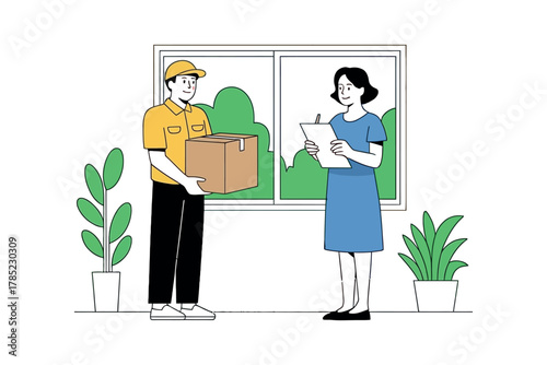 Delivery man handing package to woman with clipboard in front of window