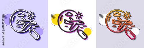 Airplane travel line icon. Halftone dotted pattern. Gradient icon with grain shadow. Search trip flight sign. Holidays symbol. Line search flight icon. Various designs. Vector