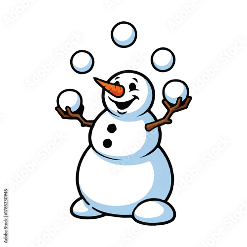 Happy Snowman Juggling Snowballs on White Background

