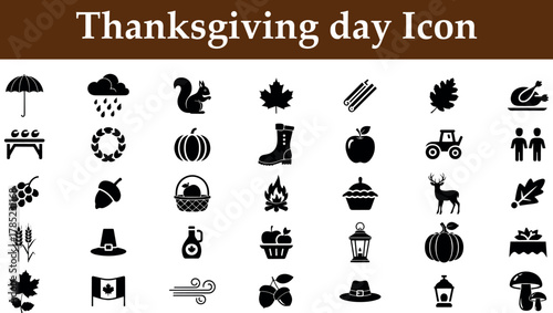 Thanksgiving day icon collection isolated on transparent background. Turkey, pumpkin, squirrel, maple leaf, corn, grapes, apple, and more, perfect for holiday designs and autumn themes