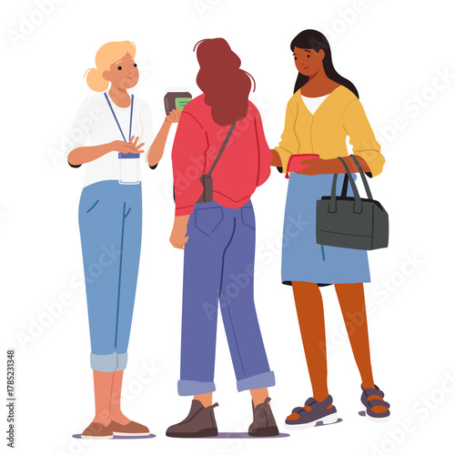 Woman promoter presenting new innovative product or business solution to guests of exhibition