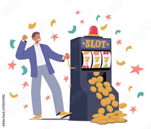 Man winner cartoon character playing slot machine casino games experiencing big money prize