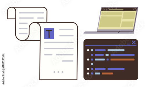 Laptop, document, and code interface representing digital writing, coding, and online tools. Ideal for content writing, coding, programming, workflow technology organization productivity simple