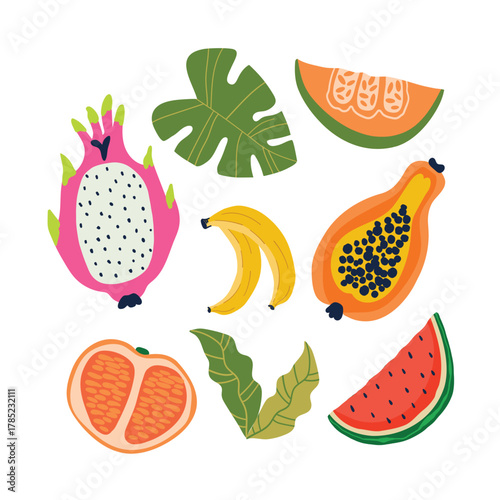 A set of tropical fruits and leaves in a flat design style. Summer illustration, modern fruit design.