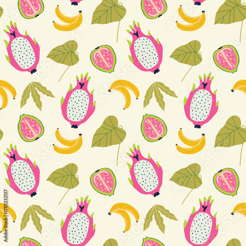 Tropical fruit seamless pattern. Bright illustration-style background, texture with pitaya, guava, and bananas. Flat vector illustration.