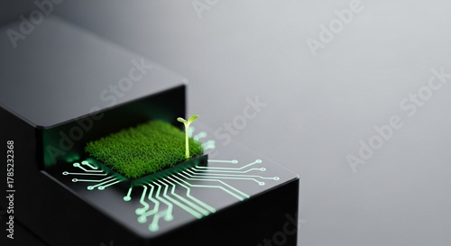 Green Technology Microchip: Sustainable Computing and Eco-Friendly AI Concept perfect for Website banner, article illustration, presentation slide,