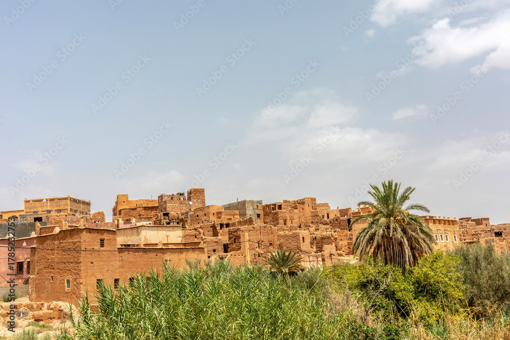 Fototapeta premium View over the Draa Valley oasis with palm trees and desert mountains near Zagora in southern Morocco