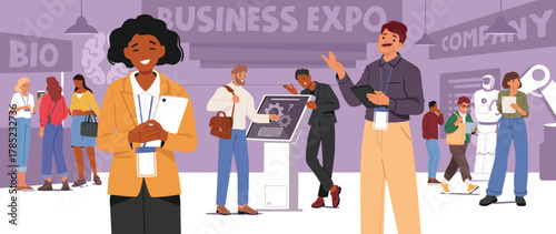 Business exhibition and trade show for professional gatherings cartoon scene with businesspeople