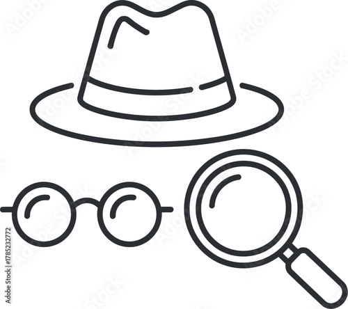 A detective's hat, glasses, and magnifying glass symbolize investigation and mystery.