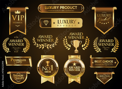 Premium Quality label and emblem sticker Brown black and Gold badges and icons Number 1 and laurel wreath for the Best product