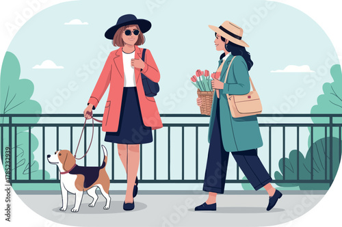 Two women enjoying a leisurely stroll with a dog and flowers