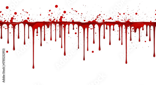Dramatic red blood splatter with dripping effect on a clean white background