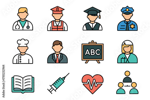 Diverse professions and symbols of education, healthcare, and public service are depicted in this icon set.