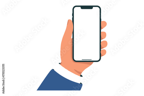 A hand holding a smartphone with a blank screen against a white background.
