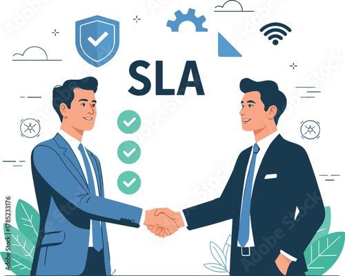 Two businessmen shake hands to signify a service level agreement.