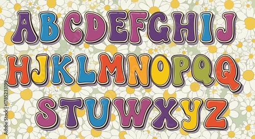 Retro Groovy Alphabet with Floral Background, Vibrant Psychedelic Typography