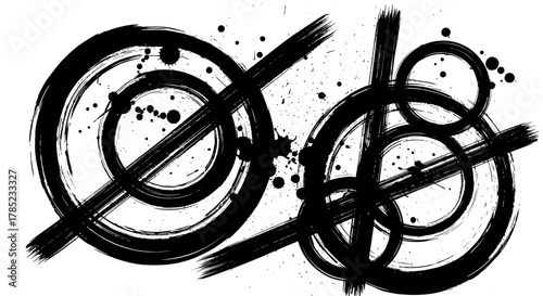 Abstract expressionism with brushstrokes and circles in black and white style