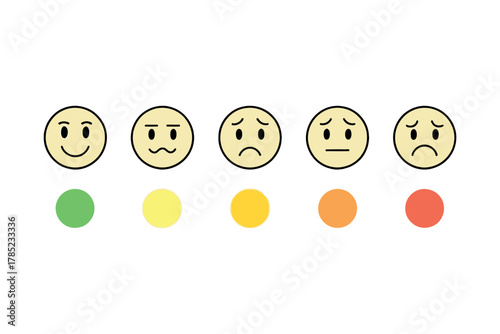 A set of five emoticons shows a range of emotions from happy to sad.