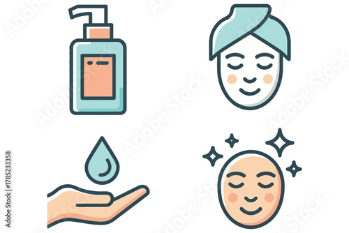 Icons depict a skincare routine with cleansing, application, and radiant results.