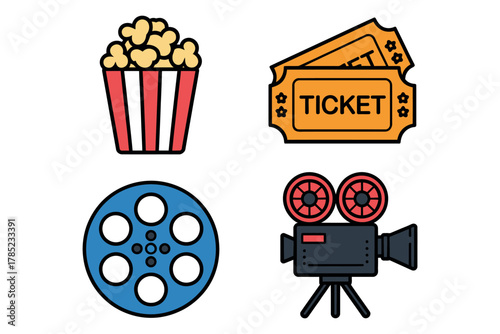A collection of cinema icons including popcorn, tickets, film reel, and camera.