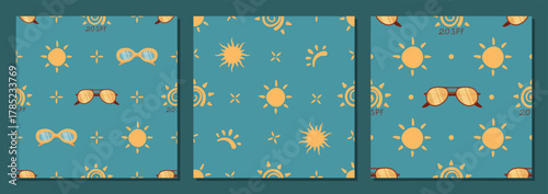 Flat seamless pattern with sun shape, spf logo and sunglasses icon reflect summer, sunlight and uv protection. Set of round sun, seamless hold of sunscreen, stylish pattern for care background.
