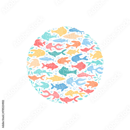 Round cartoon underwater concept with vibrant fish school sticker. Marine life in circular aquatic design creates an ocean pattern. Seamless sea circle with swimming creatures.