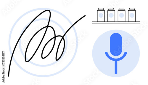 Abstract digital signature with microphone icon in blue circle and shelf storage jars. Ideal for technology, communication, organization, authentication, digital tools, creativity, and simplicity. A