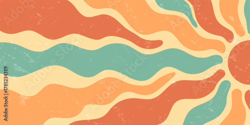 Retro groovy sun burst abstract background with orange and yellow wave shapes. Grunge sunshine style and y2k color blend form bold retro mood. Horizontal pattern for creative summer visuals.