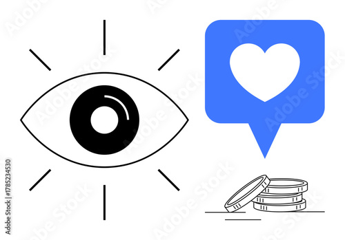 Black-and-white eye with blue heart in speech bubble above stacked coins indicating attention, love, and investment. Ideal for social media, marketing, user engagement, finance, branding