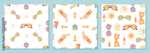 Flat style seamless pattern with sunscreen bottle and sunblock tube shapes. Sunglasses, spray and sun details add to the summer background. Lotion, cream spf bottle appear as repeating product