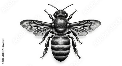 Detailed black and white illustration of a bee with visible wings and segmented body, viewed from above.